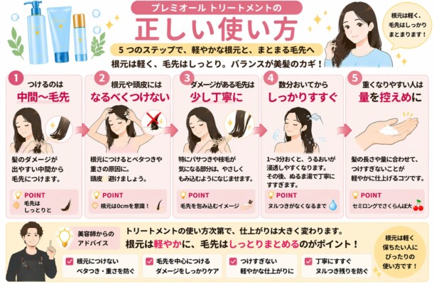 ラサーナ プレミオール トリートメントの正しい使い方を5ステップで解説した図解画像。1.中間から毛先につける、2.根元や頭皮を避ける、3.毛先は丁寧になじませる、4.数分置いてからしっかりすすぐ、5.重くなりやすい人は量を控える、といった手順をイラスト付きで説明。根元を軽やかに、毛先をしっとりまとめるためのコツが網羅されています。