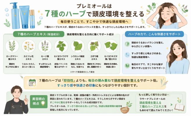 ラサーナ プレミオールに配合された7種のハーブエキスによる頭皮環境ケアの解説図。ローズマリー、カミツレ花、セージ、セイヨウイラクサ、シラカンバ樹皮、ゴボウ根、セイヨウキズタの各エキスが、保湿や皮脂バランス調整をサポートします。毎日のケアで健やかな髪を育む土台作りを助け、すっきりとした心地よい頭皮環境へ導く設計であることが説明されています。