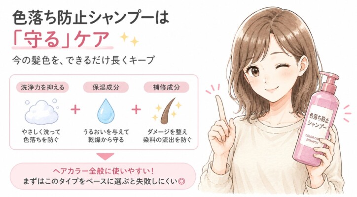 「色落ち防止シャンプーは『守る』ケア」という見出しとともに、シャンプーボトルを持つ笑顔の女性のイラスト。洗浄力を抑える、保湿成分、補修成分の3つのアプローチで髪色を長くキープする仕組みを解説し、ヘアカラー全般に使いやすく失敗しにくいベース選びであることを伝える図解画像。
