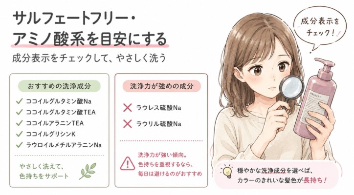 「サルフェートフリー・アミノ酸系を目安にする」という見出しとともに、女性が虫眼鏡でシャンプーの成分表示をチェックしているイラスト。おすすめのアミノ酸系洗浄成分と、洗浄力が強めで色持ちを重視するなら避けるべき成分を比較し、カラーを長持ちさせるための成分選びを分かりやすく解説する図解画像。