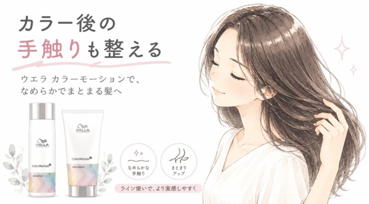 「カラー後の手触りも整える」「ウエラ カラーモーションで、なめらかでまとまる髪へ」というメッセージと共に、美しいツヤ髪に優しく触れて微笑む女性の水彩画風イラストが描かれています。左側にはウエラ カラーモーションのシャンプーとトリートメントが並び、「なめらかな手触り」「まとまりアップ」というアイコンと「ライン使いで、より実感しやすく」という補足が添えられています。