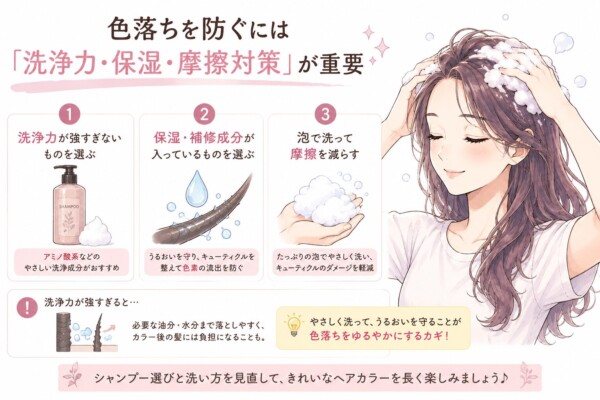 「色落ちを防ぐには洗浄力・保湿・摩擦対策が重要」と題したヘアケアの図解画像。シャンプーを泡立てて優しく髪を洗う女性のイラストと共に、アミノ酸系の洗浄成分を選ぶこと、保湿・補修成分でキューティクルを整えること、たっぷりの泡で摩擦を減らすことの3つのポイントを分かりやすく解説しています。