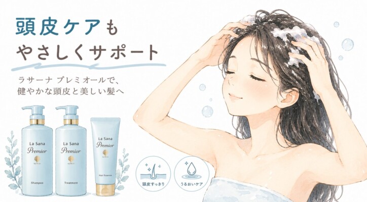 「頭皮ケアもやさしくサポート」「ラサーナ プレミオールで、健やかな頭皮と美しい髪へ」というコピーと共に、目を閉じてリラックスしながら髪を泡立てて洗う女性の水彩画風イラストが描かれています。左側には水色が特徴的なラサーナ プレミオールのシャンプー、トリートメント、ヘアエッセンスが並び、「頭皮すっきり」「うるおいケア」のアイコンが添えられています。