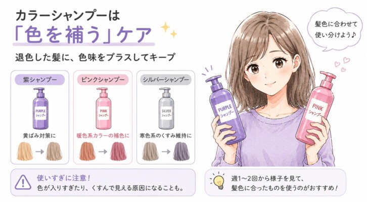 「カラーシャンプーは『色を補う』ケア」という見出しとともに、複数のボトルを手に考える女性のイラスト。紫（黄ばみ対策）、ピンク（暖色系の補色）、シルバー（寒色系のくすみ維持）という種類別の効果や髪色の変化、使いすぎへの注意点など、髪色に合わせたカラーシャンプーの選び方と使い方を解説する図解画像。