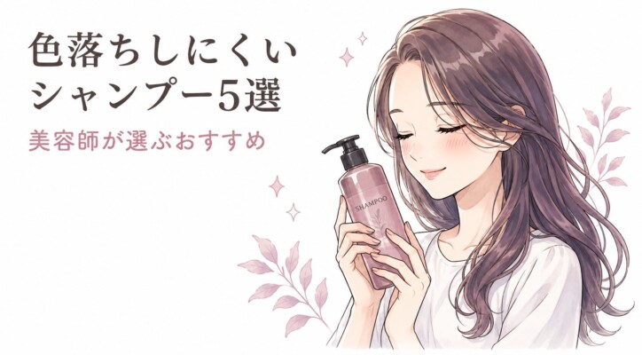 「色落ちしにくいシャンプー5選 美容師が選ぶおすすめ」という見出しとともに、シャンプーボトルを大切そうに抱える笑顔の女性が描かれたイラスト。ヘアカラーを長持ちさせたい人向けに、プロの視点で選んだヘアケア製品を紹介するアイキャッチ画像です。柔らかいタッチのイラストで、清潔感と信頼感を表現しています。