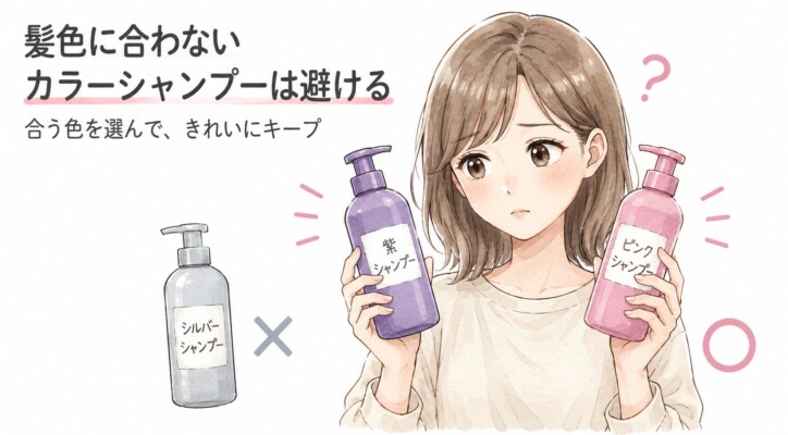 「髪色に合わないカラーシャンプーは避ける」という見出しとともに、悩む茶髪の女性が紫とピンクのシャンプーボトルを持ち、ピンクに〇、シルバーシャンプーに✕が描かれたイラスト。自分の髪色に合うカラーシャンプーを選んできれいにキープする大切さを伝える図解画像。