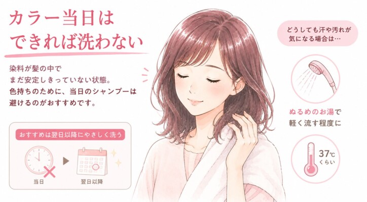 「カラー当日はできれば洗わない」というテキストとともに、肩にタオルをかけた女性が微笑むイラスト。ヘアカラー当日は染料が不安定なためシャンプーを避け、翌日以降に洗うことを推奨し、どうしても気になる場合は37℃くらいのぬるま湯で軽く流す対処法を解説した図解画像です。