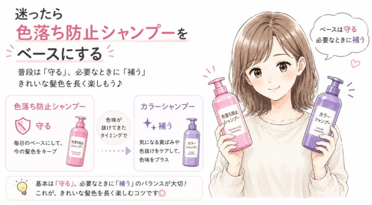 「迷ったら色落ち防止シャンプーをベースにする」という見出しとともに、二つのシャンプーボトルを両手に持つ笑顔の女性のイラスト。毎日のベースとして「色落ち防止シャンプー」で髪色を守り、色味が抜けてきたら「カラーシャンプー」で補うという、きれいな髪色を長く楽しむための使い分けバランスを解説した図解画像。