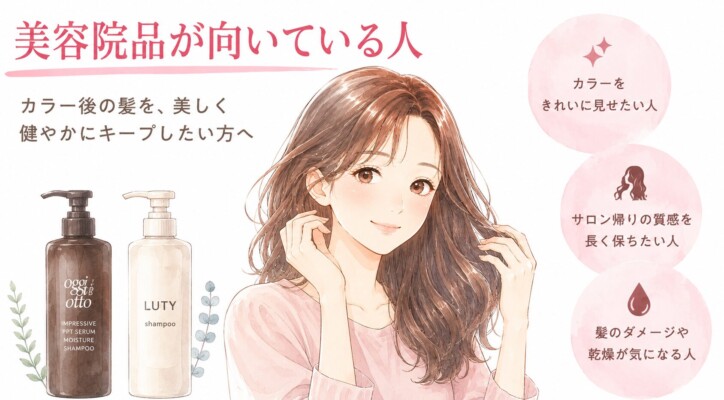 「美容院品が向いている人」というテキストとともに、美しいブラウンヘアの女性が微笑むイラスト。左側にはoggi ottoとLUTYのシャンプーが並び、右側には「カラーをきれいに見せたい」「サロン帰りの質感を長く保ちたい」「ダメージや乾燥が気になる」という特徴がまとめられた図解画像です。
