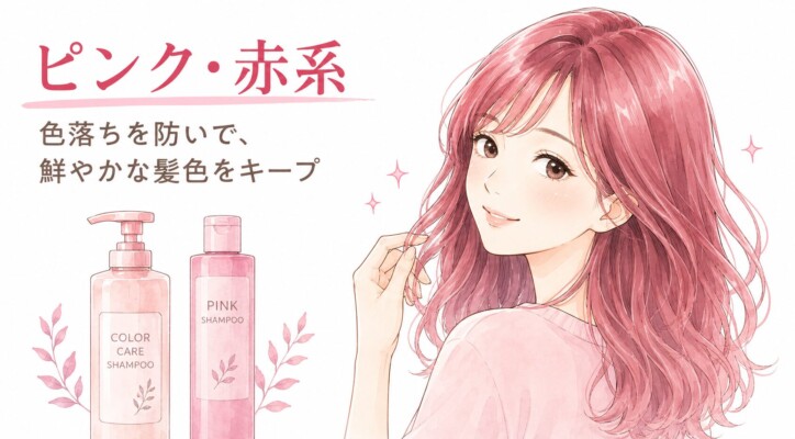 「ピンク・赤系 色落ちを防いで、鮮やかな髪色をキープ」というテキストとともに、鮮やかなピンク色の髪をした女性が笑顔で髪に触れているイラスト。左側には「COLOR CARE SHAMPOO」と「PINK SHAMPOO」のボトルが描かれており、ピンク・赤系ヘアカラーの色持ちを高めるケアをイメージした図解画像です。