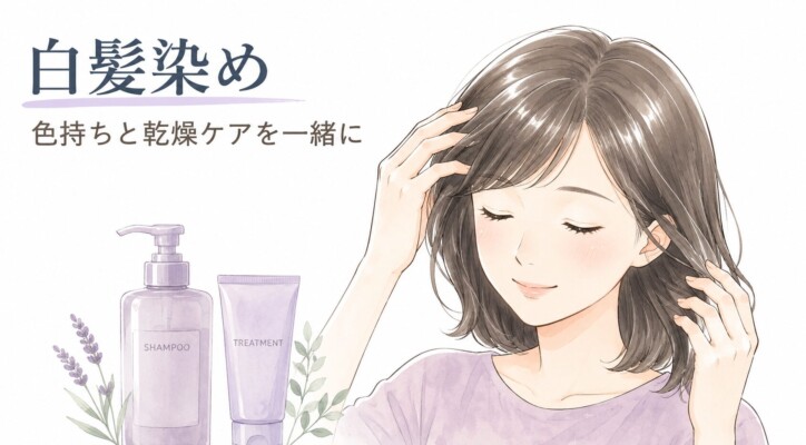 「白髪染め 色持ちと乾燥ケアを一緒に」というテキストとともに、自身の髪に触れて満足そうに微笑む女性のイラスト。左下にはラベンダーの植物と、薄紫色のシャンプーおよびトリートメントのボトルが並んでおり、白髪染め後のヘアケアと保湿ケアの大切さを優しく表現した水彩画風の図解画像です。