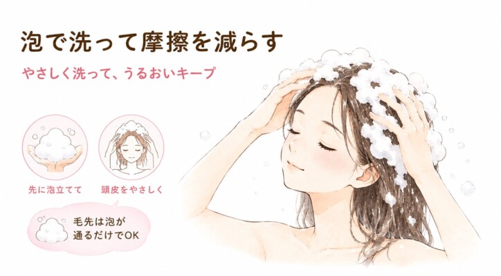 摩擦を減らして髪のうるおいを保つ洗髪方法の図解。豊かな泡で髪を洗う女性のイラストと共に、「泡で洗って摩擦を減らす」「やさしく洗って、うるおいキープ」という見出しが記載されています。「先に泡立てて」「頭皮をやさしく」という手順や、「毛先は泡が通るだけでOK」というポイントも添えられています。