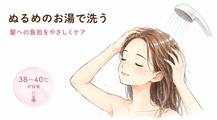目を閉じてリラックスした表情でシャワーを浴び、髪を洗う女性の水彩画風イラスト。「ぬるめのお湯で洗う」「髪への負担をやさしくケア」というテキストと、温度計アイコンと共に「38〜40℃が目安」という推奨温度が記載されています。髪へのダメージを抑える適切な洗髪方法を説明する図解です。