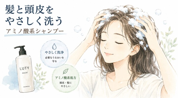 「髪と頭皮をやさしく洗うアミノ酸系シャンプー」という見出しとともに、LUTY moistシャンプーのボトルと、笑顔で心地よさそうに髪を洗う女性のイラスト。必要なうるおいを守るやさしい洗浄力や、頭皮と髪にやさしいアミノ酸系処方といった商品の特徴が円形のアイコンで分かりやすく解説されています。