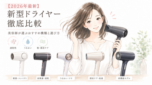 「【2026年最新】新型ドライヤー徹底比較」のアイキャッチ画像。笑顔でドライヤーを使う女性を中心に配置しています。左上には速乾性やうるおいなどの選び方のポイントとなるアイコンを記載。下部には「軽量・コンパクト」「高風量・速乾」「高機能」など特徴の異なる5種類のドライヤーを並べ、美容師おすすめ機種を比較・解説する内容を視覚的に表現しています。