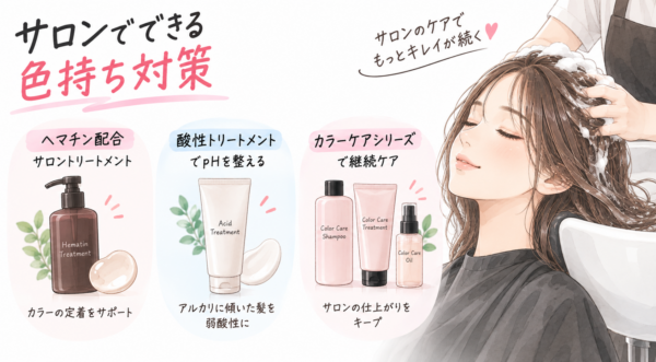 サロンでできる色持ち対策を解説した図解。シャンプー台で心地よさそうに施術を受ける女性のイラストとともに、1.ヘマチン配合サロントリートメント(カラー定着サポート)、2.酸性トリートメント(pHを整え弱酸性に)、3.カラーケアシリーズ(サロンの仕上がりキープ)の3つの対策をわかりやすく説明しています。