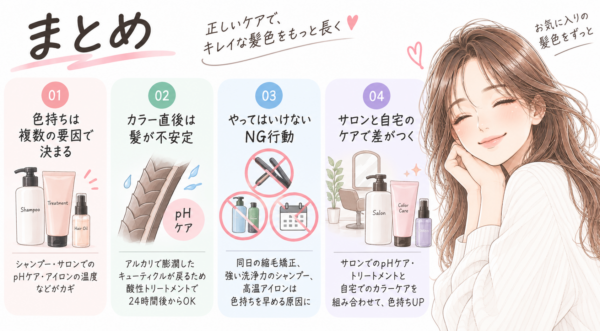 「ヘアカラーの色持ちを伸ばす方法」のまとめ図解。01.色持ちは複数の要因で決まる、02.カラー直後は髪が不安定(pHケア)、03.やってはいけないNG行動(同日施術・強い洗浄・高温アイロン)、04.サロンと自宅のケアで差がつくの4つのポイントを、満足そうに微笑む女性のイラストとともにわかりやすく説明しています。