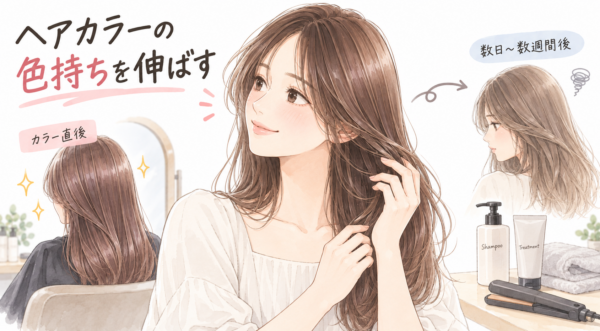 ヘアカラーの色持ちを伸ばす方法を解説した図解。ツヤのある髪を手ぐしで整える満足気な女性を中心に、カラー直後の美しい状態と数日〜数週間後の色落ちした悩ましい状態の比較、さらにシャンプーやトリートメント、ヘアアイロンなどのケアアイテムを交えて色持ちの重要性を説明しています。