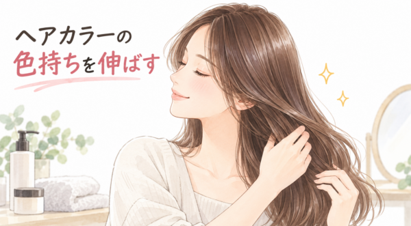 ヘアカラーの色持ちを伸ばす方法を解説したアイキャッチ風の図解。艶やかで美しい髪を手ぐしでなでながら、満足気な表情を浮かべる女性のイラストとともに、「ヘアカラーの色持ちを伸ばす」というタイトル、スキンケア・ヘアケア用品が描かれています。