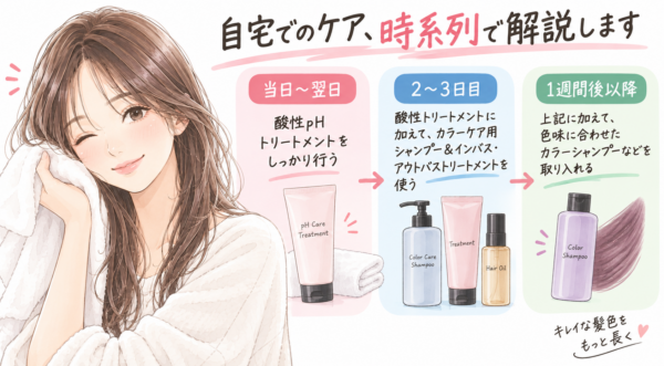 ヘアカラー後の自宅ケアを時系列で解説した図解。タオルドライした女性のイラストとともに、当日〜翌日は「酸性pHトリートメント」、2〜3日目は「カラーケア用シャンプーやインバス・アウトバストリートメント」、1週間後以降は「カラーシャンプー」を取り入れる流れをわかりやすく説明しています。