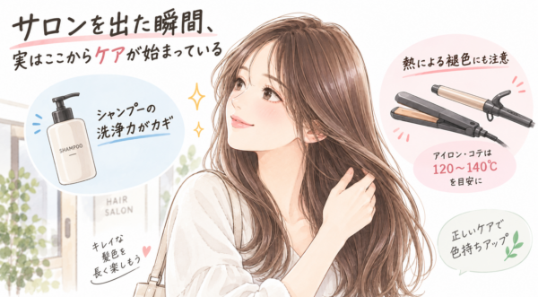 「サロンを出た瞬間、実はここからケアが始まっている」を解説した図解。ヘアサロンを出てツヤ髪を手ぐしで整える女性を中心に、色持ちのカギとなる「シャンプーの洗浄力」と、熱による退色を防ぐ「アイロン・コテは120〜140℃を目安」にするポイントを分かりやすく説明しています。
