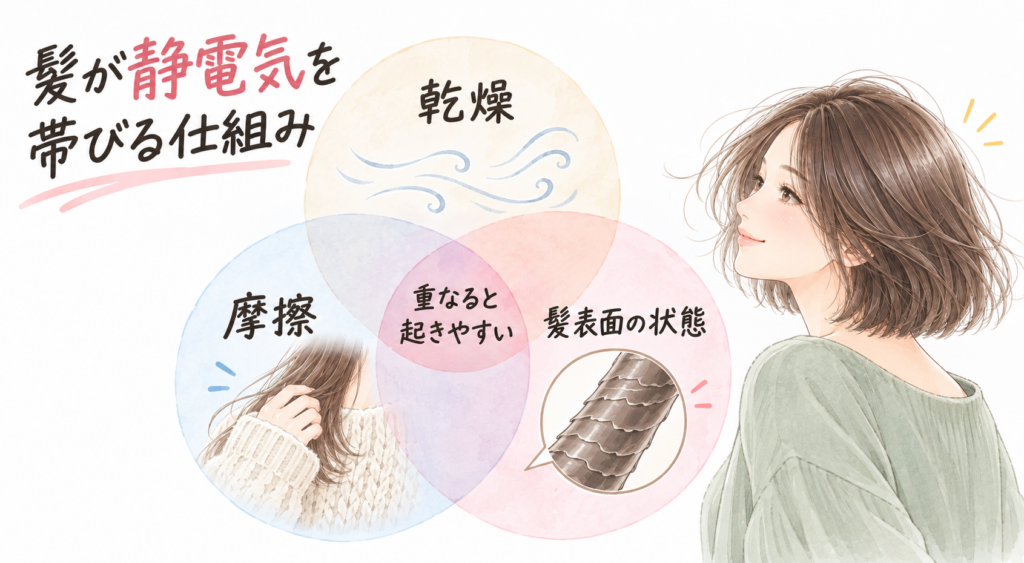 静電気が起きやすい人と起きにくい人の髪表面の違いを比べたイメージ図