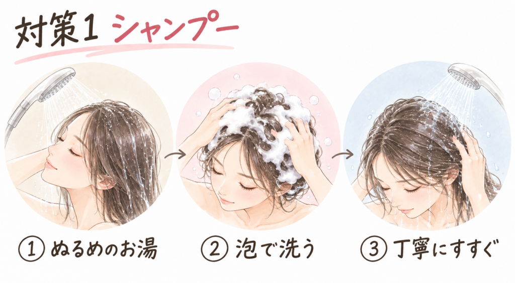ぬるめのお湯で泡洗いするシャンプーの手順を示した3ステップ図