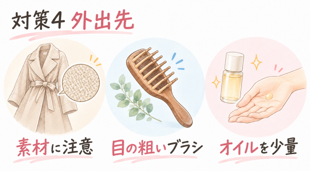 外出先で髪の静電気を整える手順をまとめた図（ブラシ・素材・オイル）